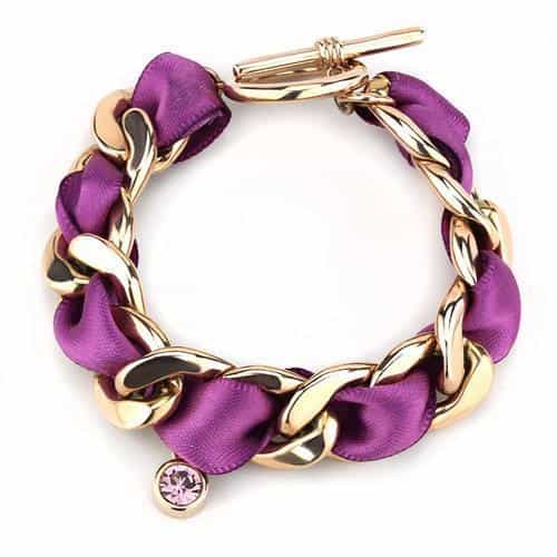 Stainless Steel Rose Gold IP Purple Satin Ribbon Chain Bracelet view 1