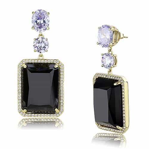 Stainless Steel Gold IP Black Onyx CZ Emerald Cut Pave Earrings view 1