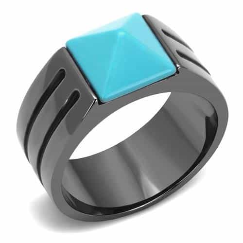 Stainless Steel Dark Gunmetal Turquoise Pyramid Square Ring view 1