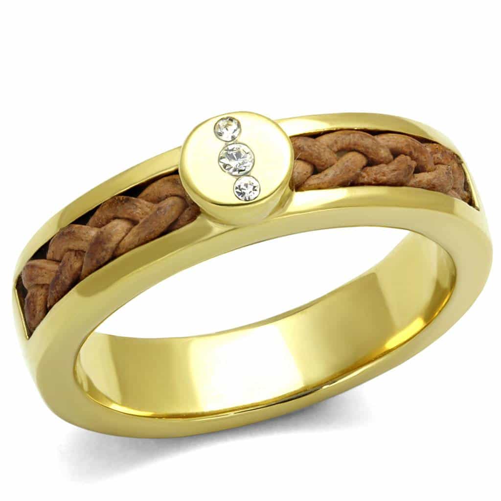 Stainless Steel Gold IP Brown Leather Braided CZ Bezel Band Ring view 1