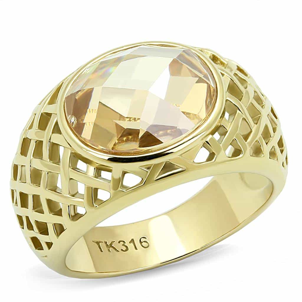 Stainless Steel Gold IP Champagne Crystal Lattice Cage Dome Ring view 1