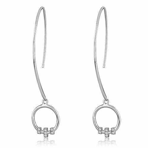 Stainless Steel Silver CZ Circle Pendant Threader Drop Earrings view 1