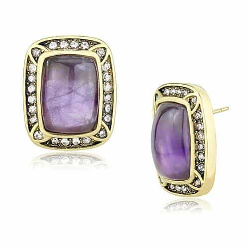 Stainless Steel Gold IP Amethyst Purple Cushion Cabochon Earrings view 1
