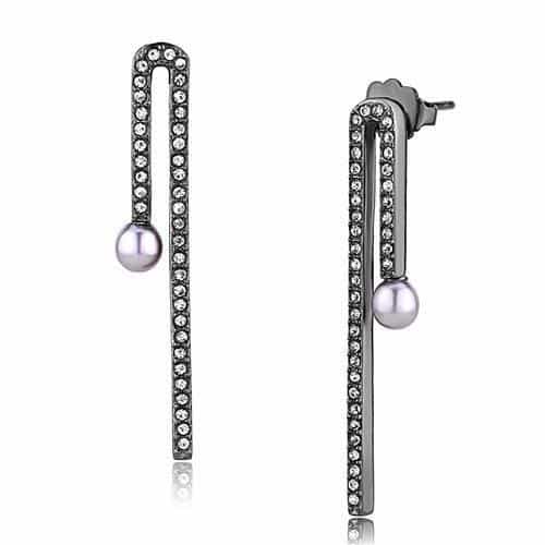 Stainless Steel Black IP CZ Pave Bar Pearl Linear Drop Earrings view 1