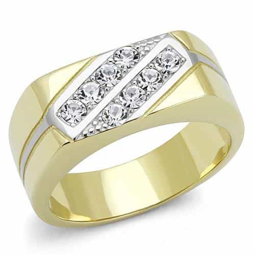 Stainless Steel Gold IP CZ Channel Diagonal Stripe Wide Band Ring view 1