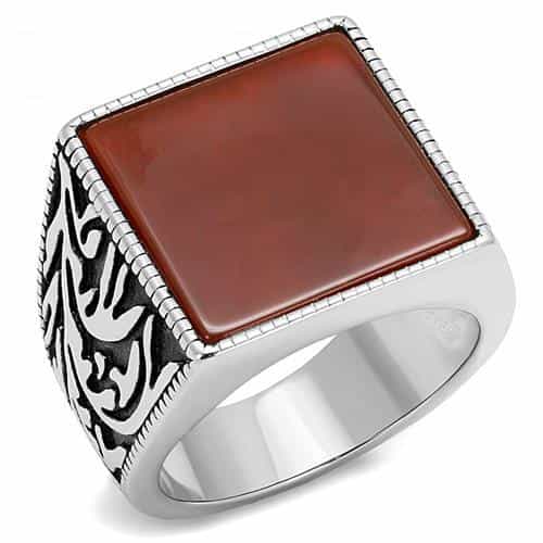 Stainless Steel Red Jasper Square Cabochon Scroll Carved Ring view 5