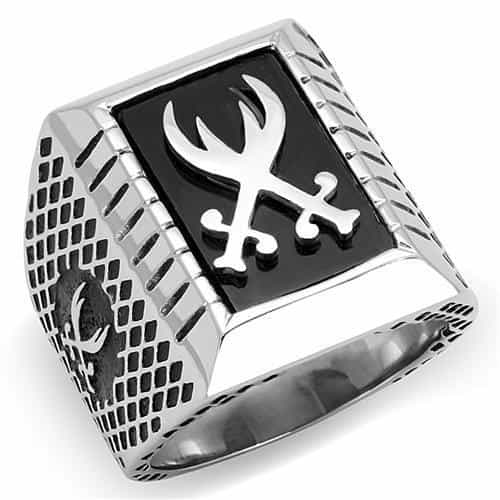 Stainless Steel Black Enamel Deer Antler Wrench Biker Mens Ring view 1