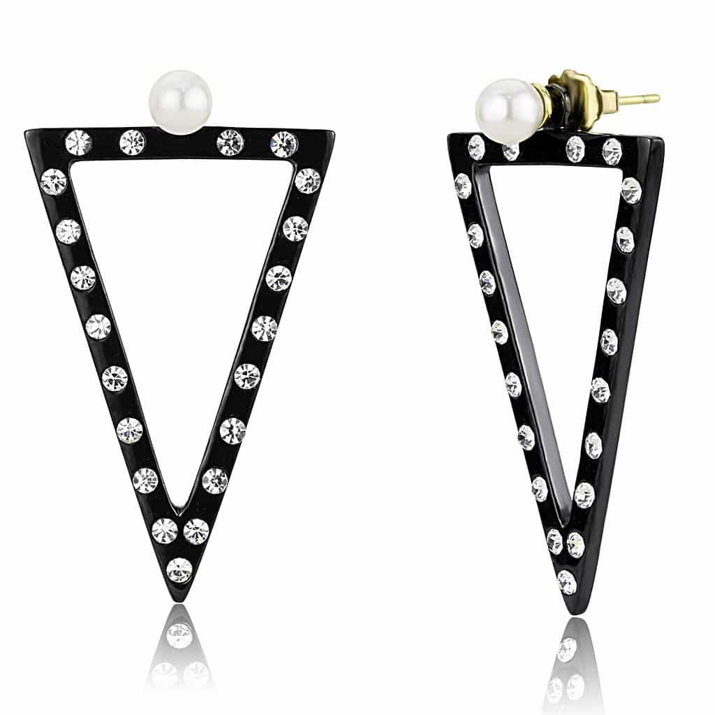 Stainless Steel Black IP CZ Pave Triangle Pearl Stud Earrings view 1