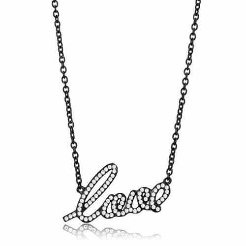 Stainless Steel Black IP CZ Pave Love Script Chain Pendant view 1