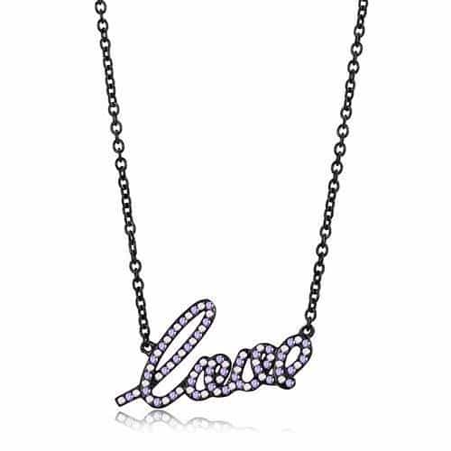 Stainless Steel Black IP Light Amethyst CZ Pave Love Pendant view 1