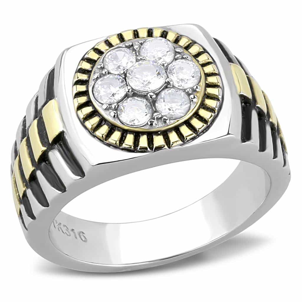 Stainless Steel Two-Tone Gold CZ Round Cluster Ribbed Mens Ring view 1