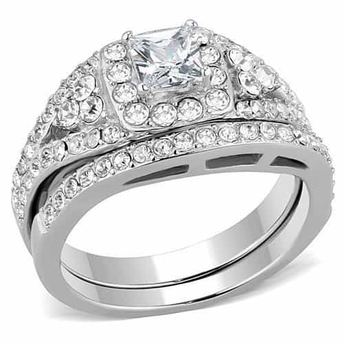 Stainless Steel CZ Princess Square Cluster Pave Halo Bridal Ring view 1