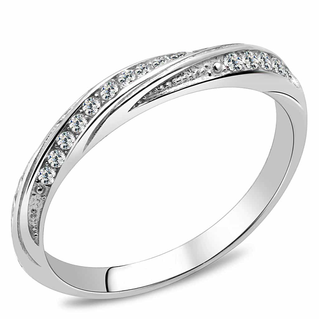 Stainless Steel CZ Pave Channel Thin Half Eternity Band Ring view 1