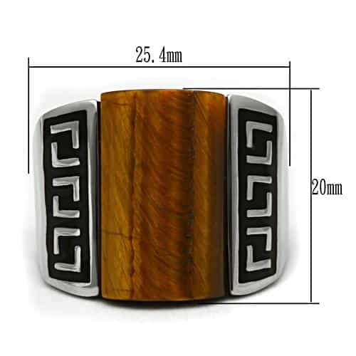Stainless Steel Tiger Eye Rectangle Greek Key Carved Mens Ring view 6