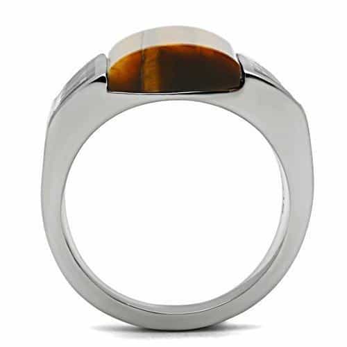 Stainless Steel Tiger Eye Rectangle Greek Key Carved Mens Ring view 7