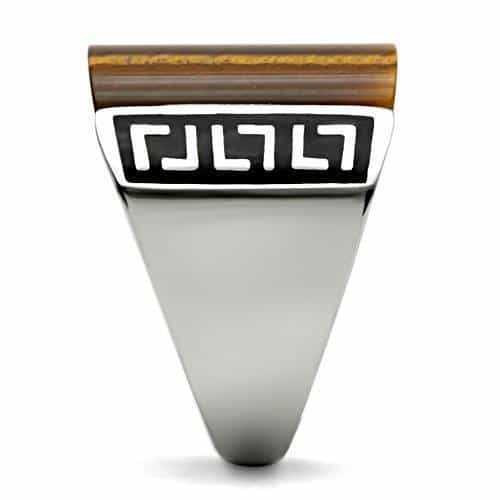 Stainless Steel Tiger Eye Rectangle Greek Key Carved Mens Ring view 8