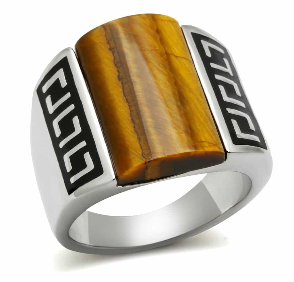 Stainless Steel Tiger Eye Rectangle Greek Key Carved Mens Ring view 5
