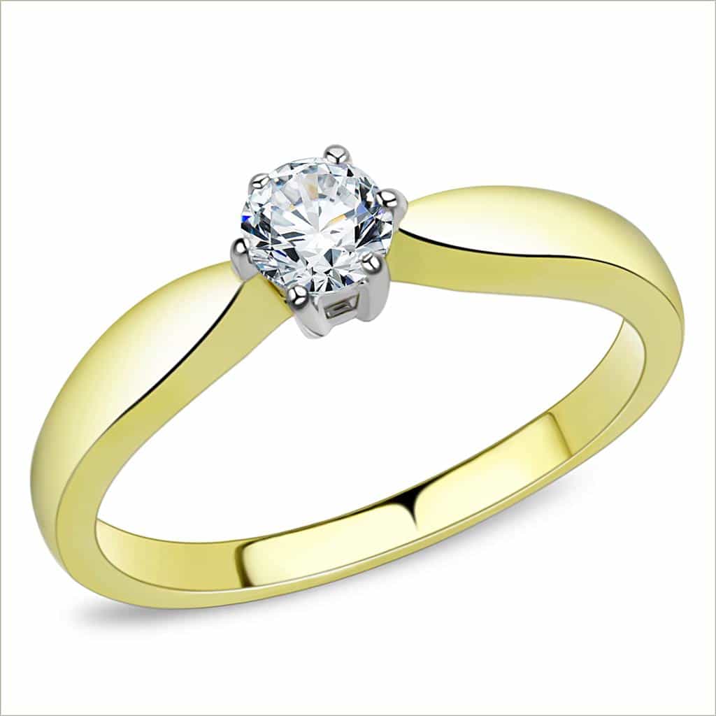 Stainless Steel Gold IP CZ Round Six Prong Bezel Solitaire Ring view 1