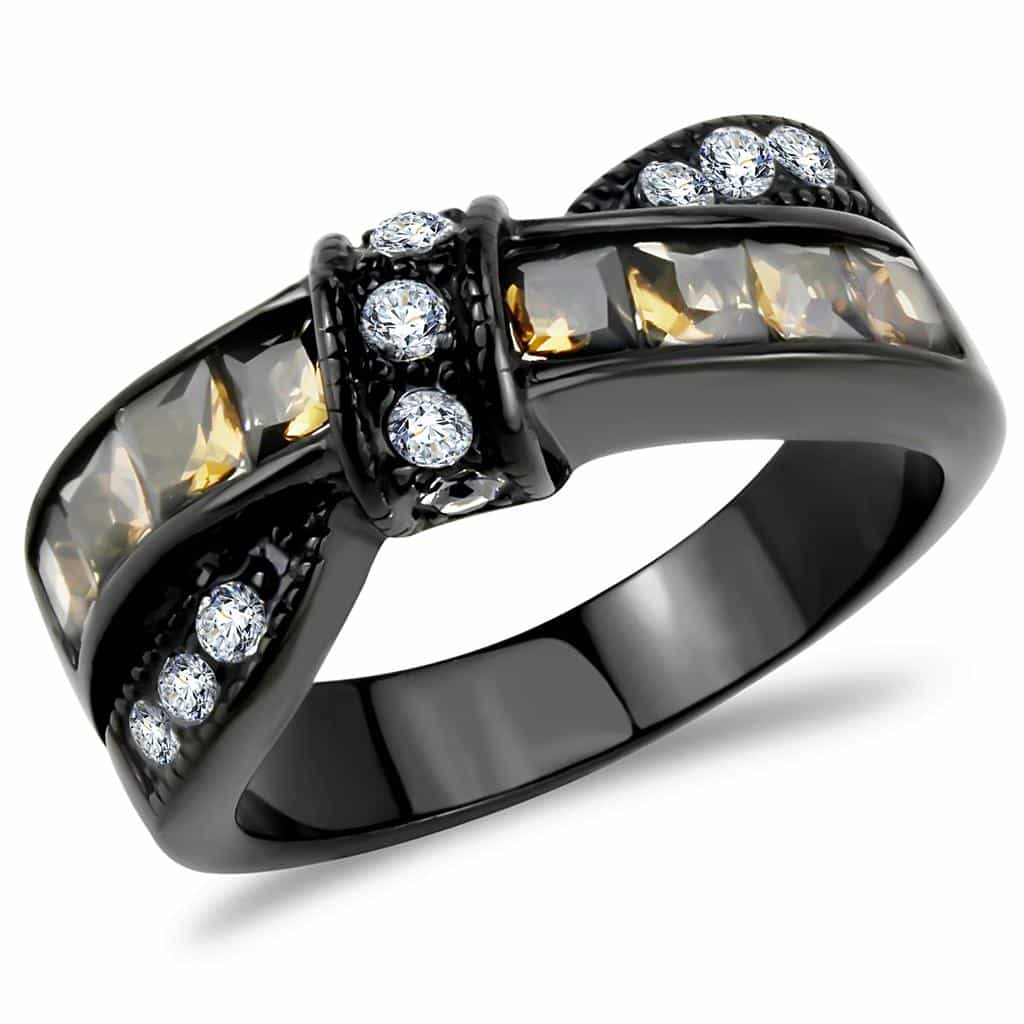 Stainless Steel Black IP Champagne CZ Baguette Channel Round Ring view 5