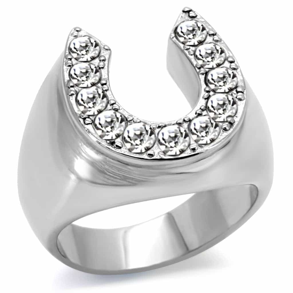 Stainless Steel Silver CZ Pave Horseshoe Lucky Cocktail Ring view 1
