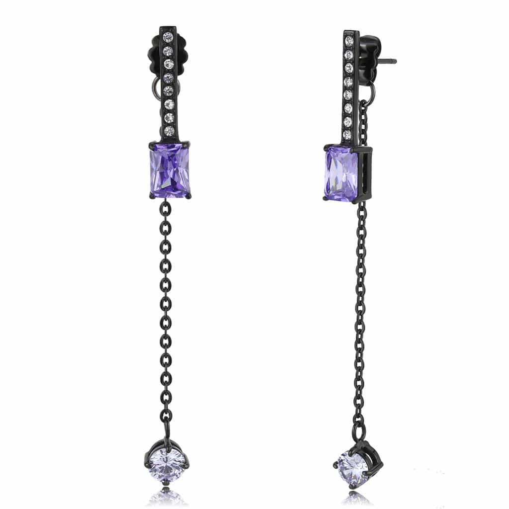 Stainless Steel Black IP Amethyst Princess CZ Chain Drop Earrings view 1