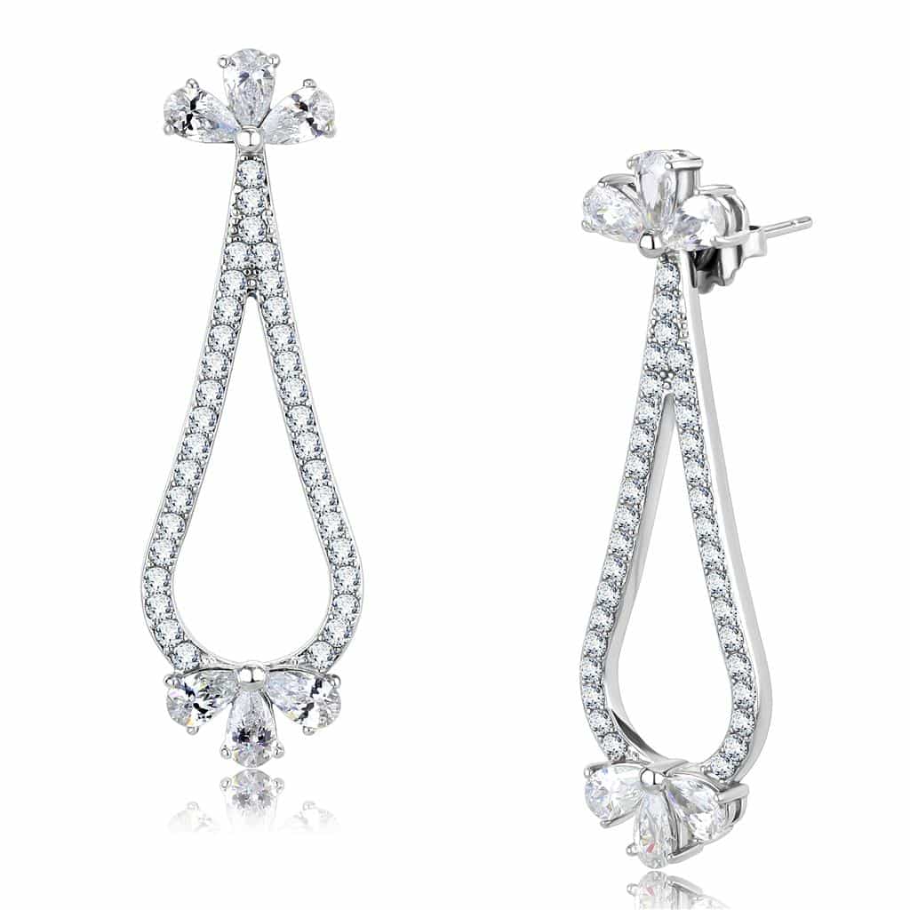 Stainless Steel CZ Pear Teardrop Open Halo Dangle Earrings view 1