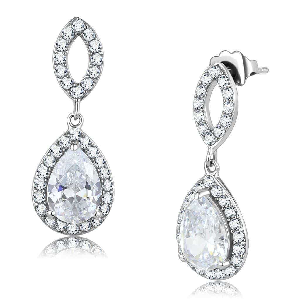 Stainless Steel CZ Pear Halo Infinity Teardrop Drop Earrings view 1