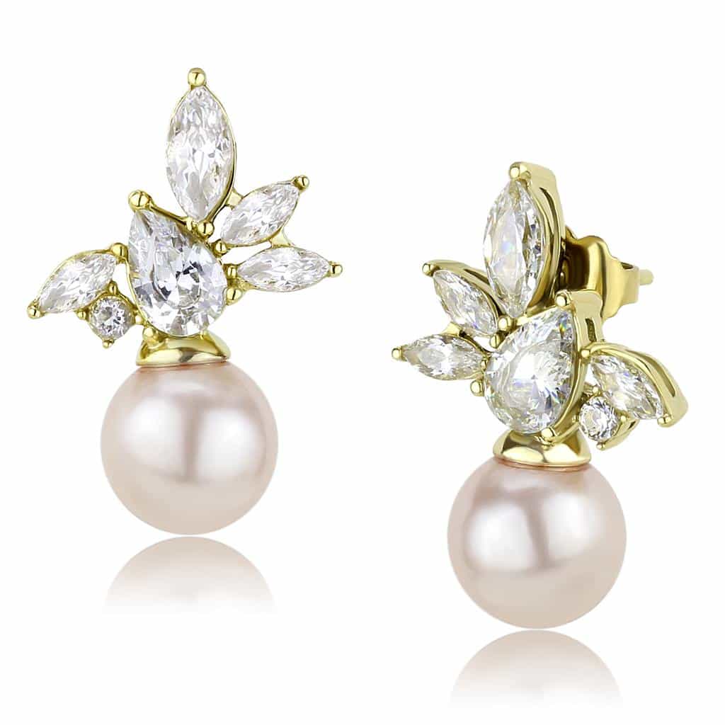 Stainless Steel Gold IP CZ Marquise Leaf Cluster Pearl Earrings view 1