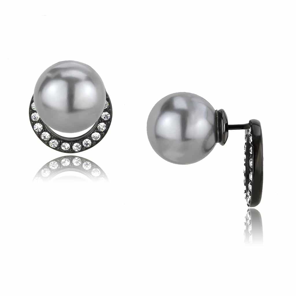 Stainless Steel Black IP Gray Pearl CZ Crescent Halo Earrings view 1