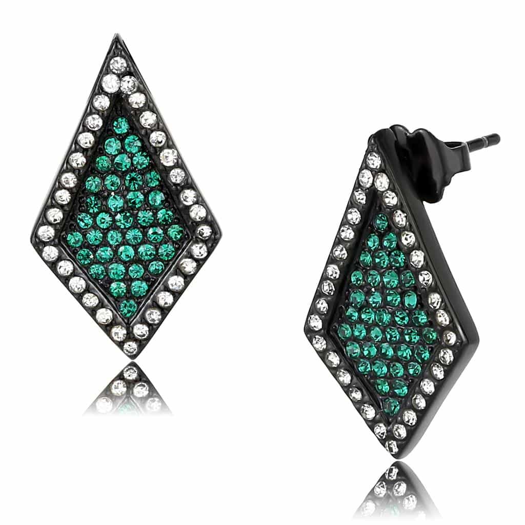 Stainless Steel Black IP Emerald Green CZ Pave Diamond Earrings view 1