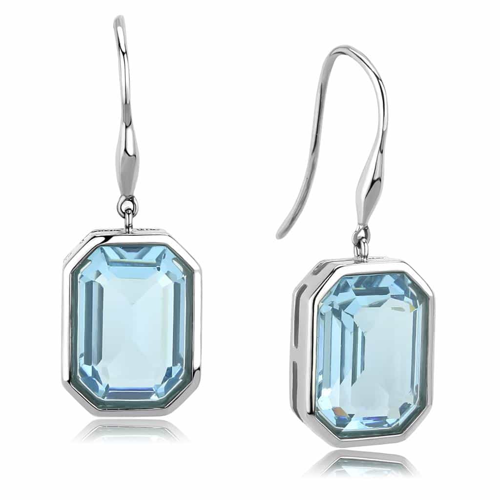 Stainless Steel Silver Aquamarine Emerald Cut Bezel Hook Earrings view 1