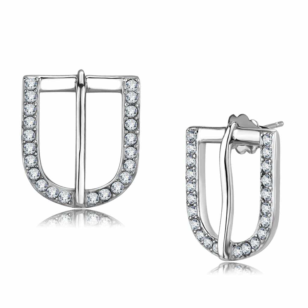 Stainless Steel Silver CZ Pave U Shape Huggie Hoop Earrings view 1