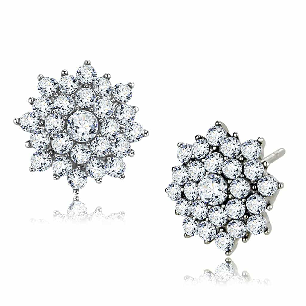 Stainless Steel Silver CZ Round Cluster Snowflake Stud Earrings view 1