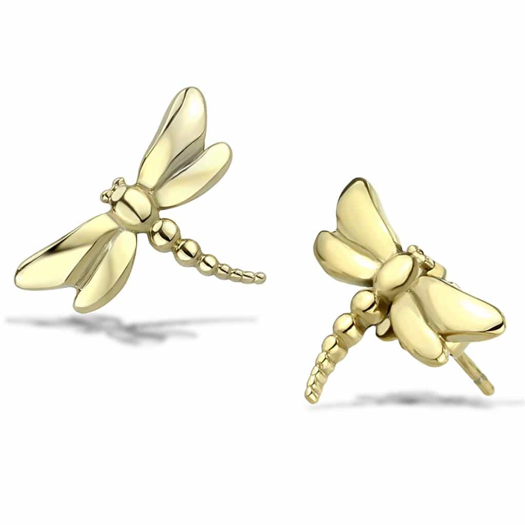 Stainless Steel Gold IP Polished Dragonfly Stud Earrings view 1