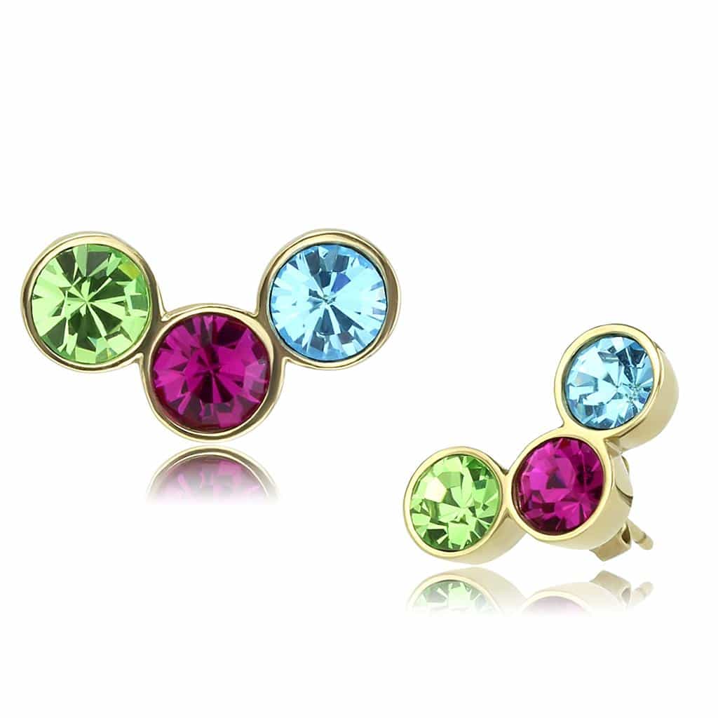 Stainless Steel Gold IP Multi Color Crystal Round Bezel Earrings view 1