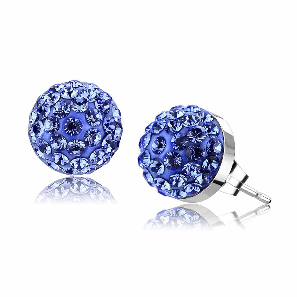 Stainless Steel Silver Blue Sapphire Crystal Pave Ball Stud Ring view 1