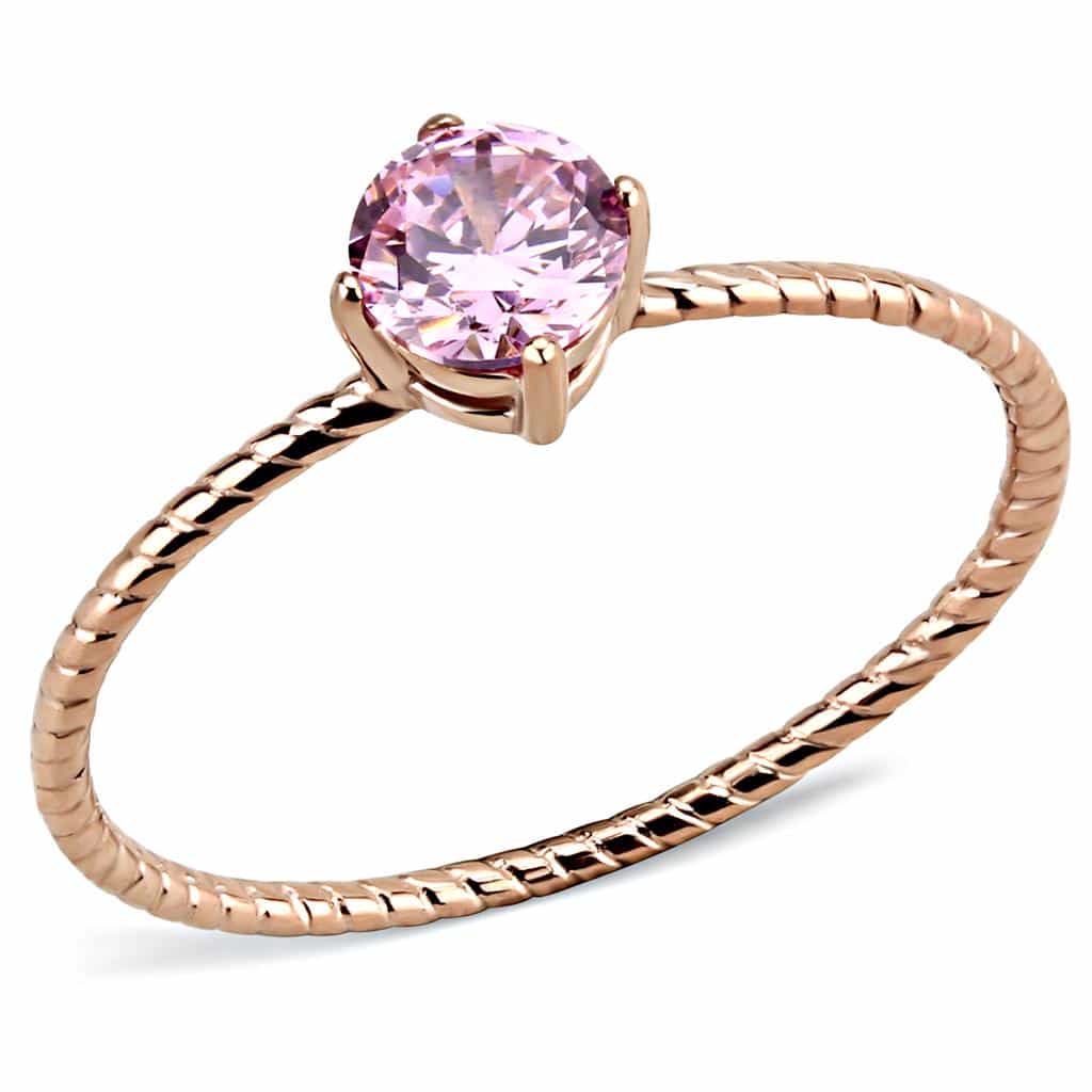 Stainless Steel Rose Gold IP Pink CZ Round Rope Twist Thin Ring view 1