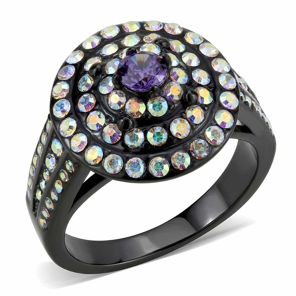 Stainless Steel Black IP Amethyst Aurora Borealis CZ Ring view 1