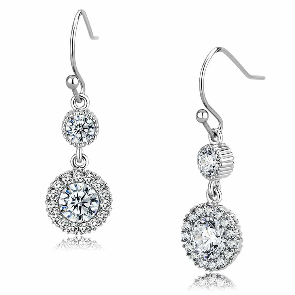 Sterling Silver CZ Round Halo Ball Hook Drop Earrings view 1