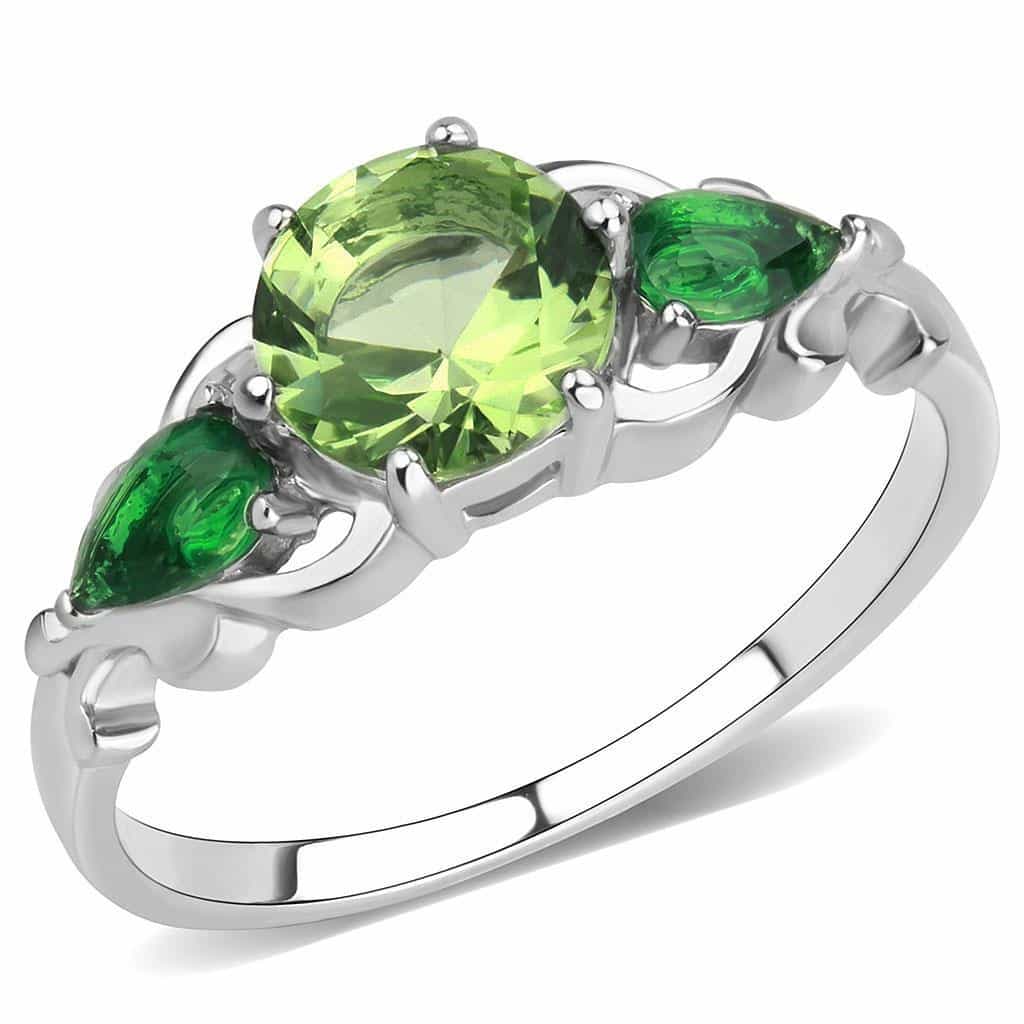 Stainless Steel Peridot Green Emerald CZ Pear Three Stone Ring view 6