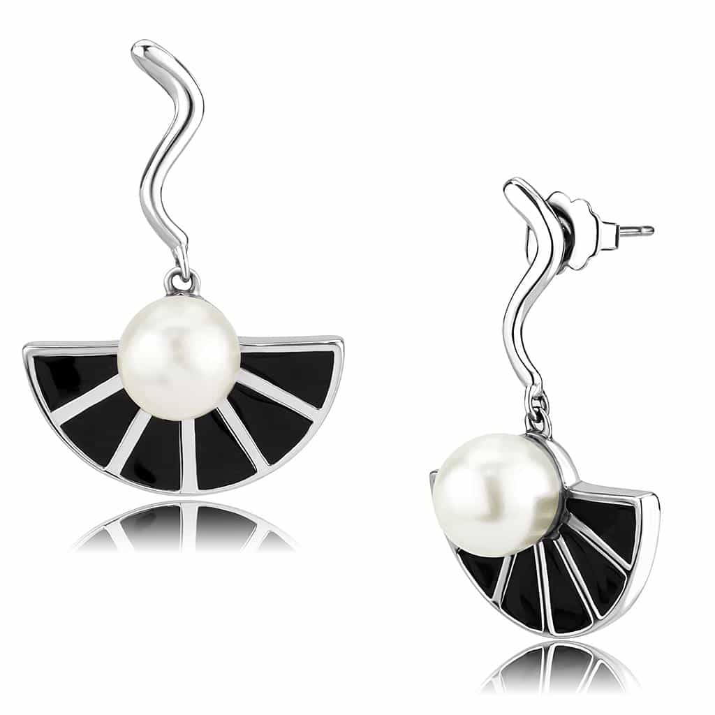 Stainless Steel Silver Black Enamel Pearl Fan Half Earrings view 1