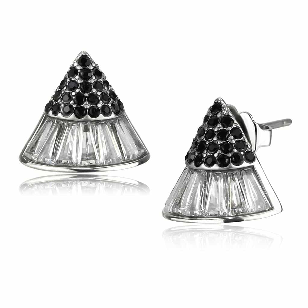 Stainless Steel Silver Black CZ Baguette Fan Triangle Earrings view 1