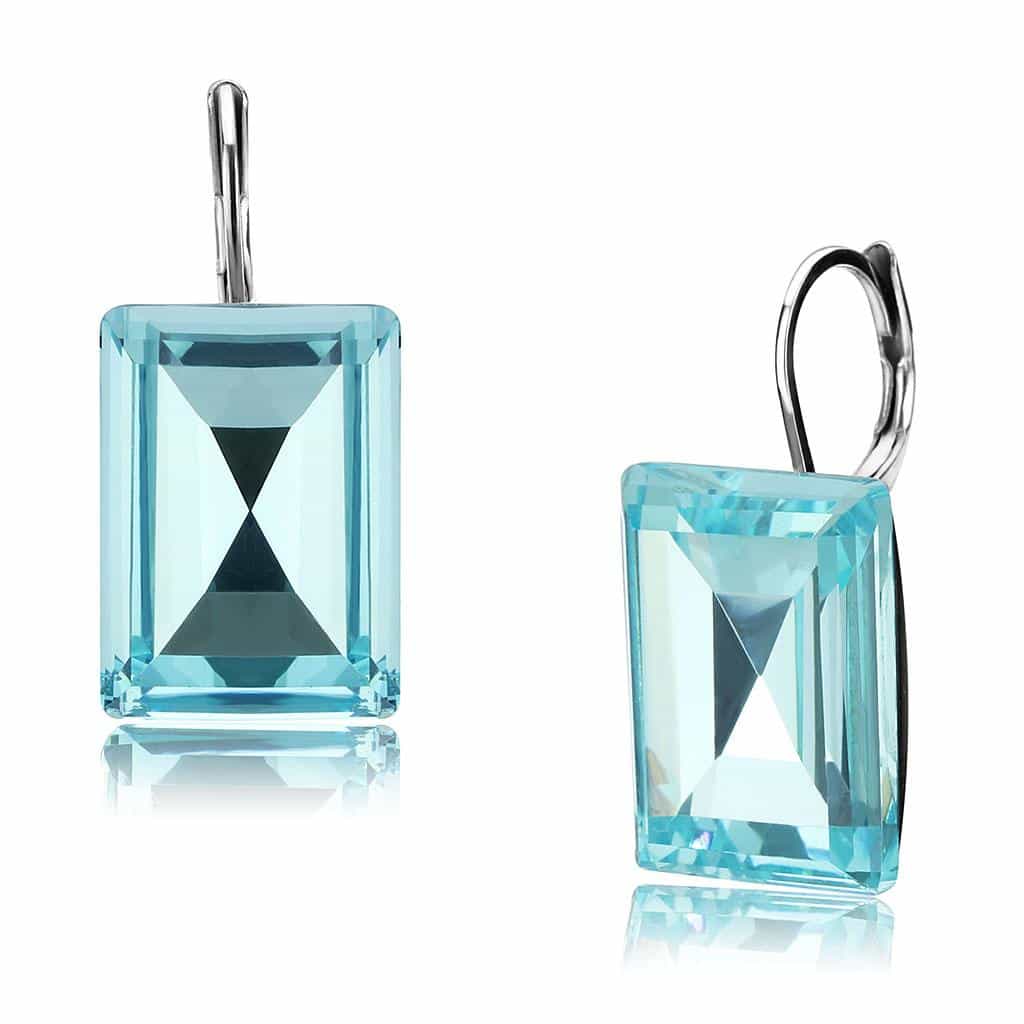 Stainless Steel Silver Aquamarine Crystal Emerald Cut Earrings view 1