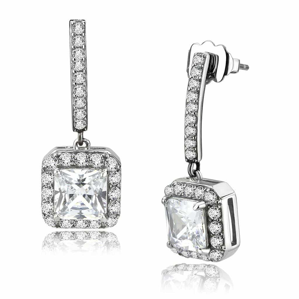 Stainless Steel CZ Princess Square Halo Pave Huggie Drop Earrings view 1