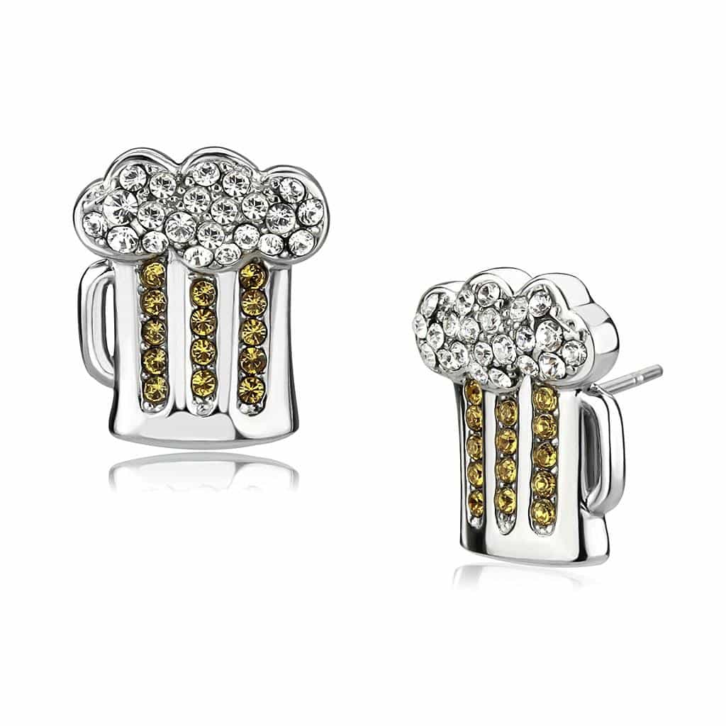 Stainless Steel Silver CZ Pave Beer Mug Novelty Stud Earrings view 1