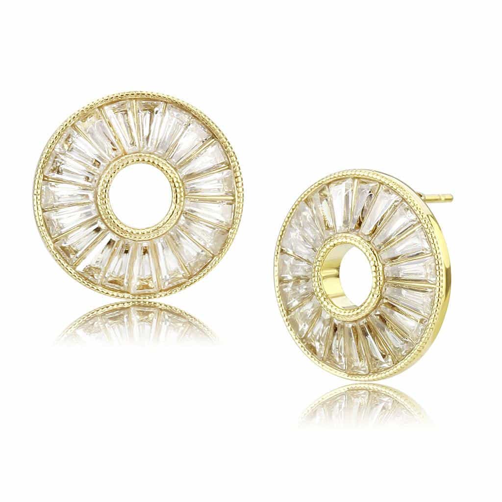 Stainless Steel Gold IP CZ Baguette Circle Sunburst Halo Earrings view 1