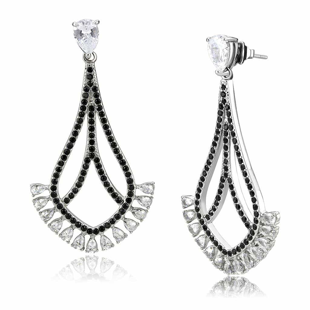 Stainless Steel Silver Black CZ Pave Teardrop Chandelier Earrings view 1
