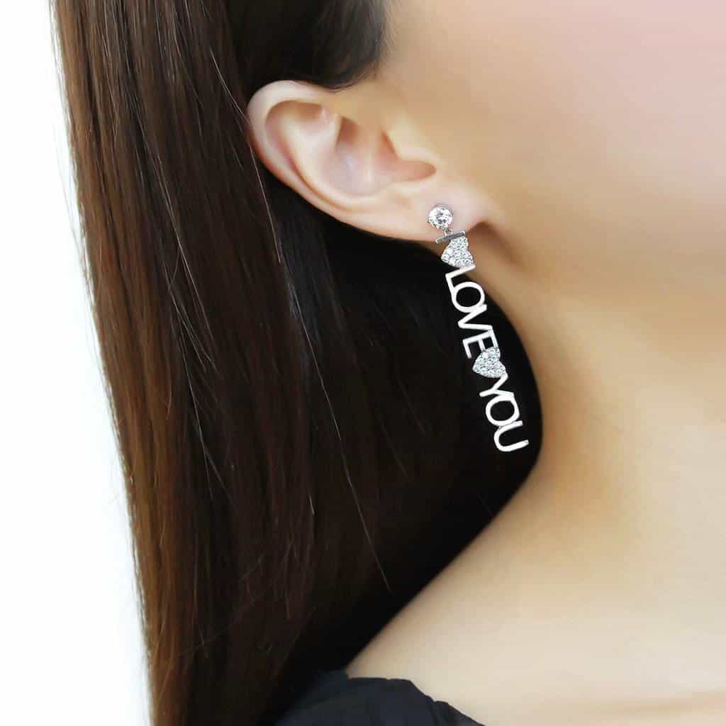 Stainless Steel Silver CZ Pave I LOVE YOU Letter Earrings view 3
