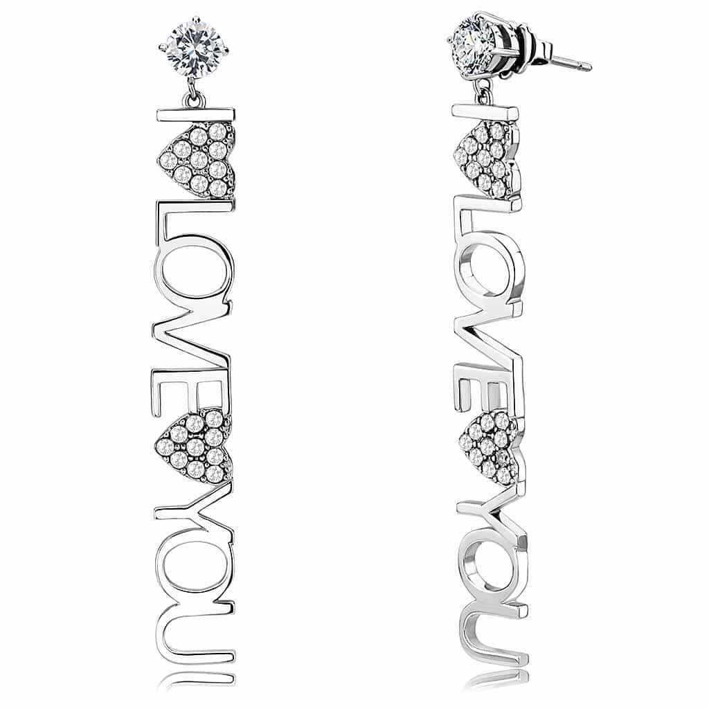 Stainless Steel Silver CZ Pave I LOVE YOU Letter Earrings view 1