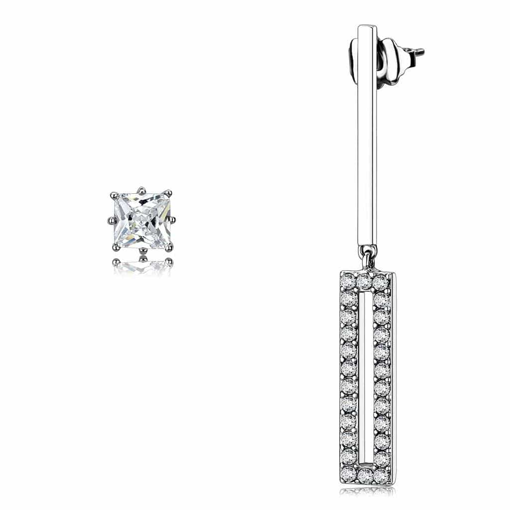 Stainless Steel Silver CZ Square Stud Bar Drop Earrings view 1